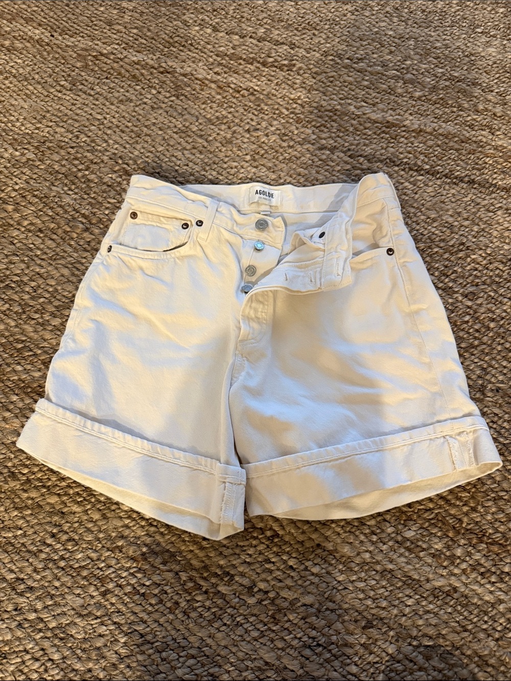 Agolde White High-Rise Rolled Hem Denim Shorts